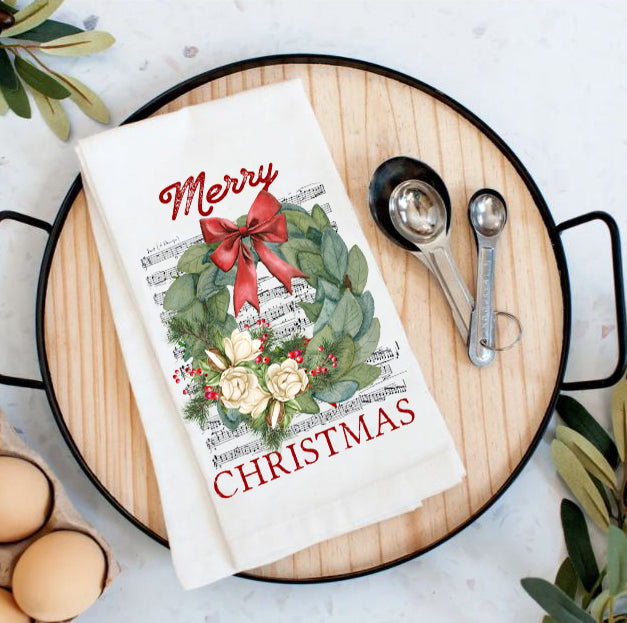 Merry Christmas Magnolia Flowers Wreath Tea Towel
