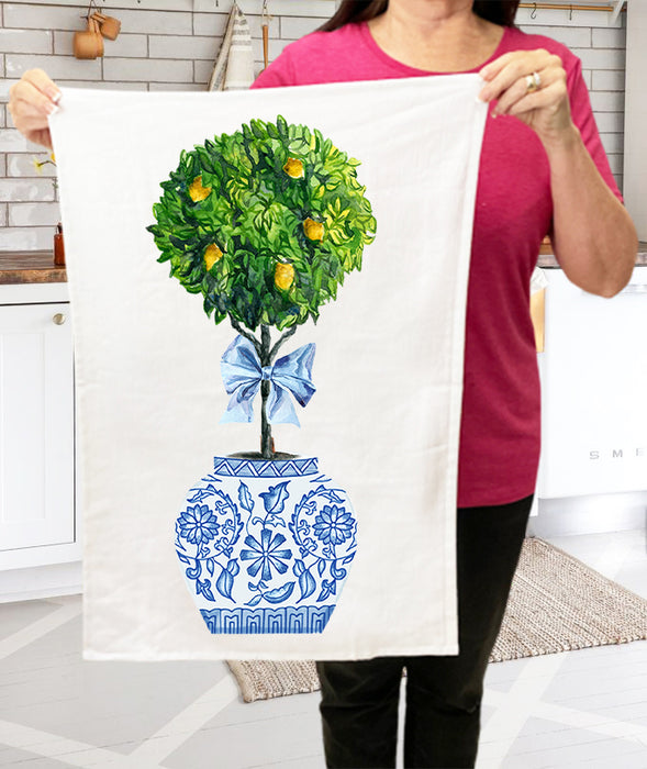 Blue & White Chinoiserie Topiaries Lemon Tree Cotton Kitchen Terry Cloth Towels