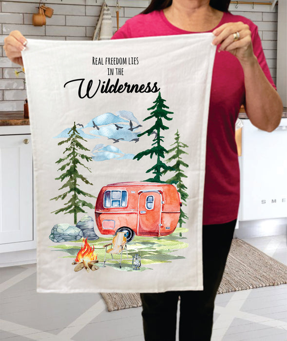 Real Freedom in Wilderness Camper Cotton Tea Towels