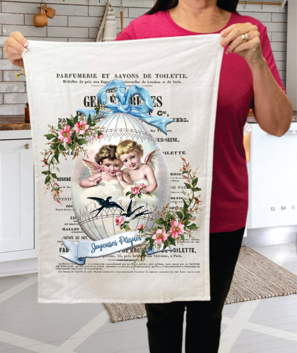 Vintage French Happy Easter Egg  Terry Towel