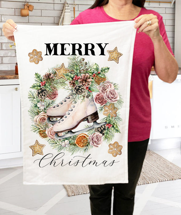 Merry Christmas Ice Skating Wreath  Terry Towel