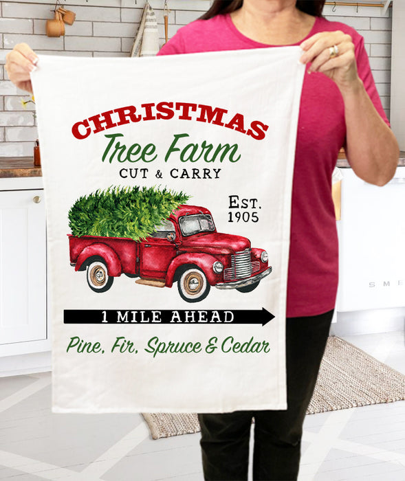 Christmas Trees Farm Red Pick Up Truck  Terry Towel
