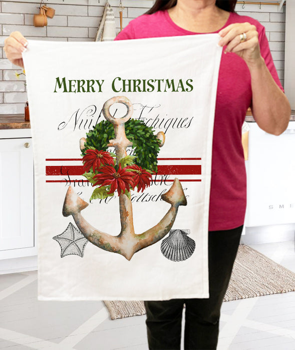 Merry Christmas Anchor Nautical Ocean  Terry Towel